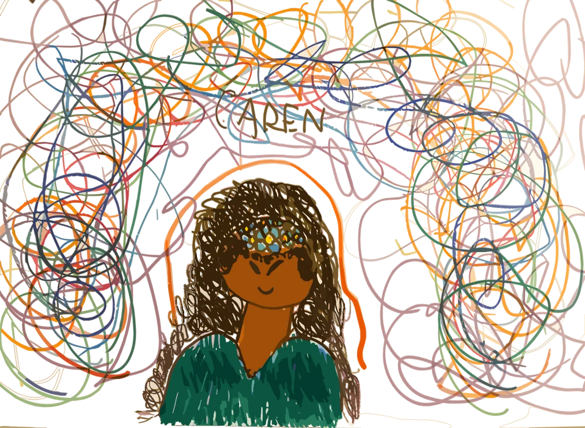 A hand-drawn portrait of Karen in a green top, surrounded by tangled coloured lines.